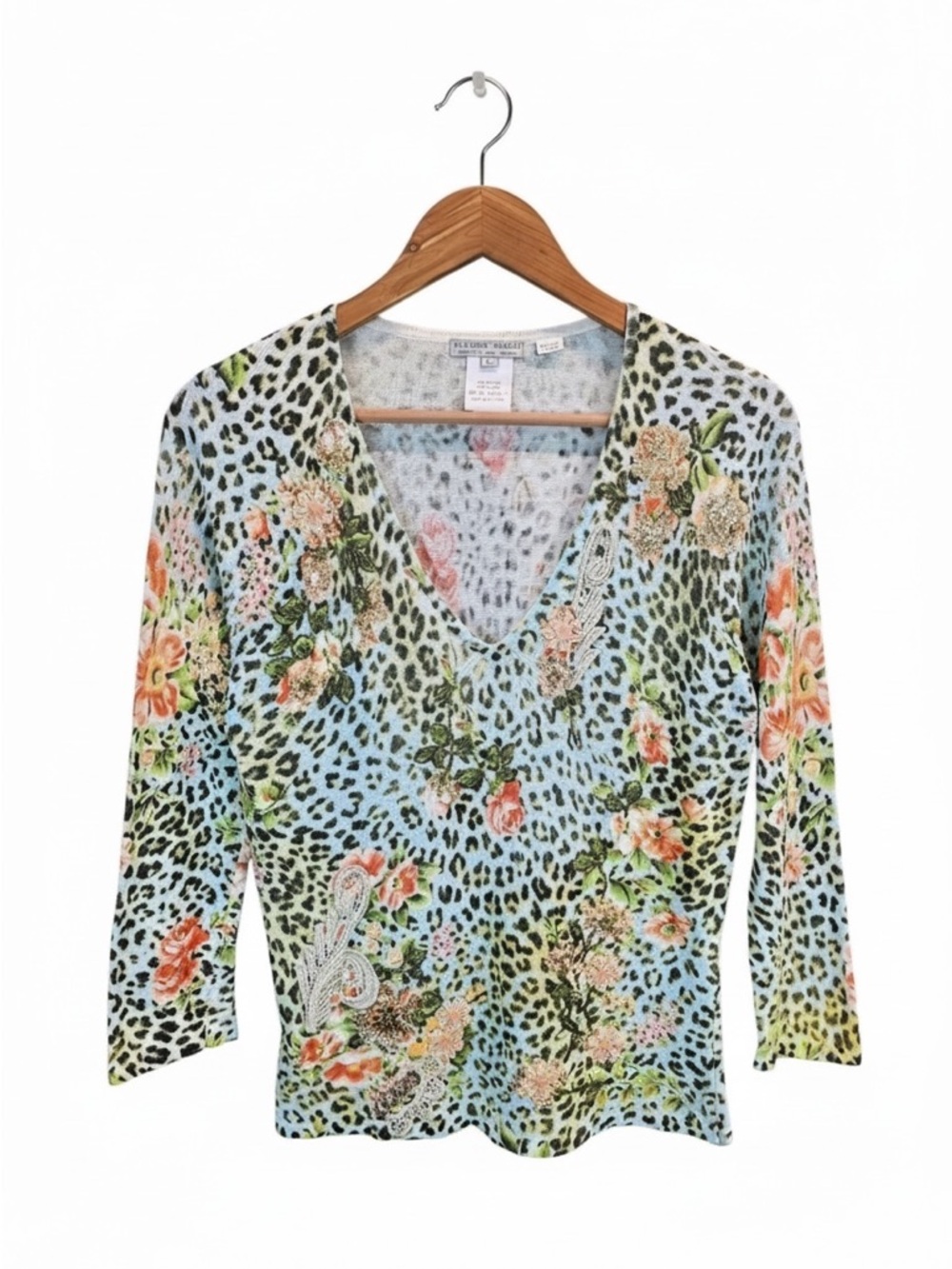 Y2K Alberto Makali Leopard Floral Top Embroidered Appliqué Long Sleeve Large
